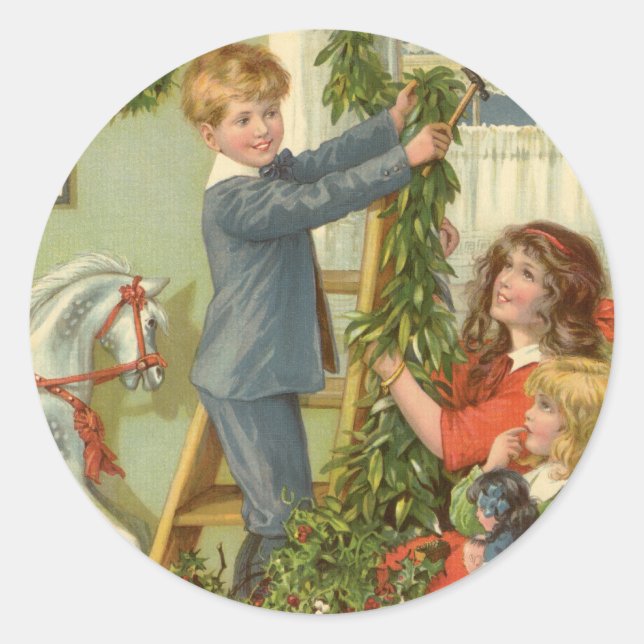 Weihnachten, Viktorianische Kinder dekorieren Runder Aufkleber (Vorderseite)