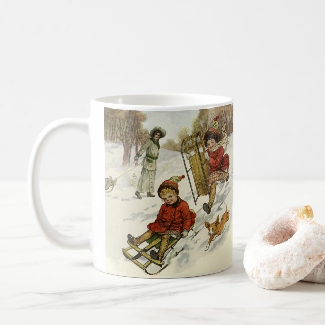 Weihnachten, Viktorianische Kinder Schlittenhund Kaffeetasse (Mit Donut)