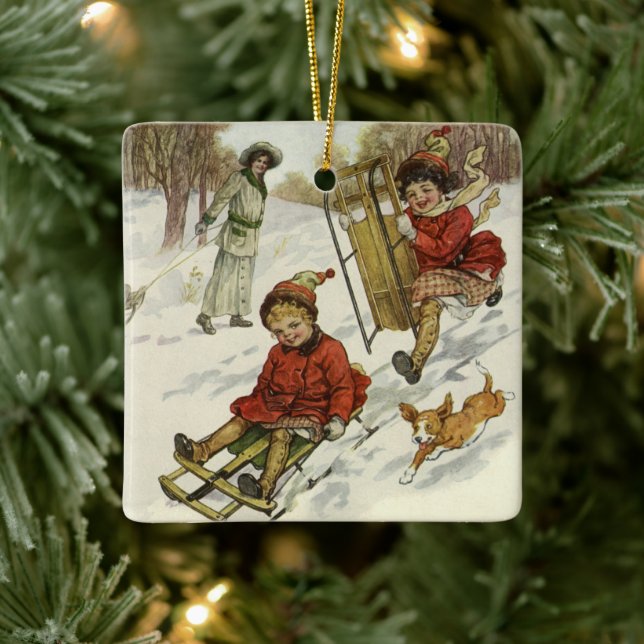 Weihnachten, Viktorianische Kinder Schlittenhund Keramikornament (Baum)