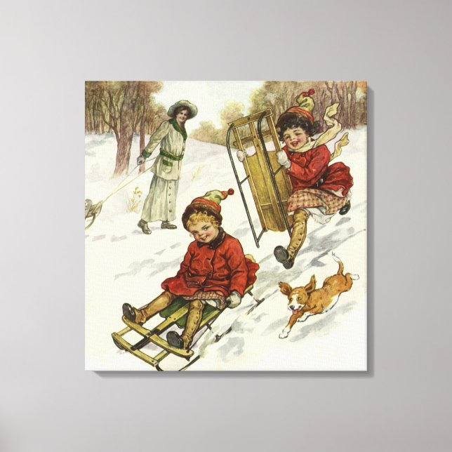 Weihnachten, Viktorianische Kinder Schlittenhund Leinwanddruck (Vorderseite)