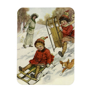 Weihnachten, Viktorianische Kinder Schlittenhund Magnet