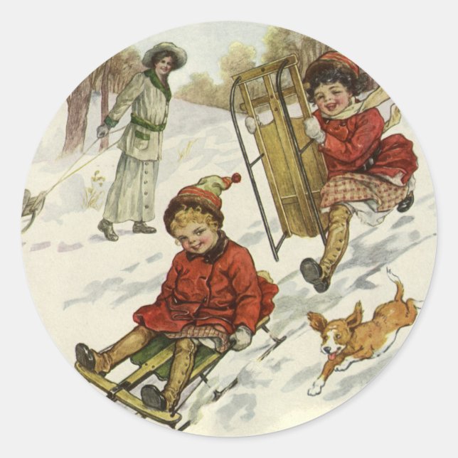 Weihnachten, Viktorianische Kinder Schlittenhund Runder Aufkleber (Vorderseite)