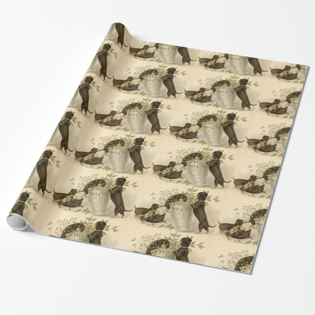 Weihnachten Viktorianische niedliche Dackel Hunde Geschenkpapier (Ungerollt)