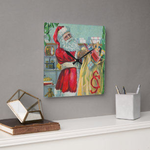 Weihnachten, Viktorianischer Weihnachtsmann mit Sp Quadratische Wanduhr