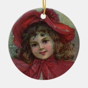 Weihnachten viktorianisches Kind roter Hut Mädchen Keramikornament