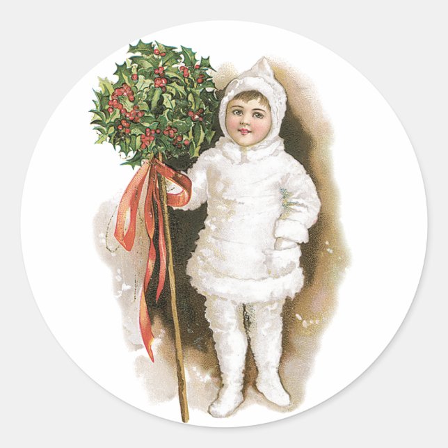 Weihnachten, Viktorianisches Mädchen mit Holly Runder Aufkleber (Vorderseite)