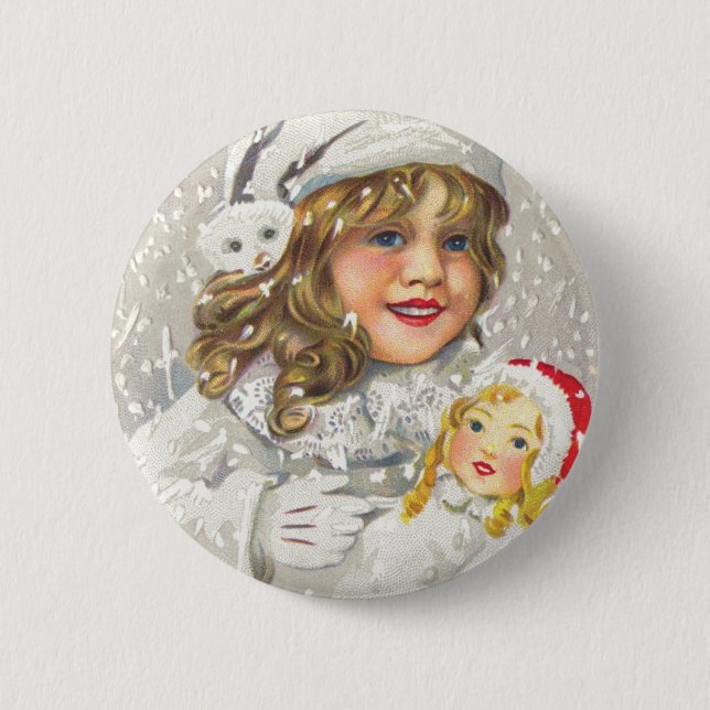 Weihnachten Viktorianisches Mädchen mit Puppe im S Button (Vorderseite)