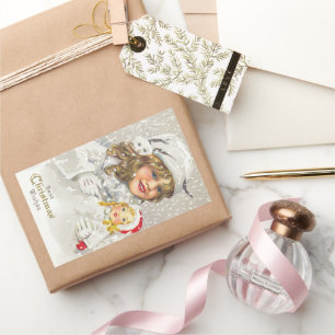 Weihnachten Viktorianisches Mädchen mit Puppe im S Rechteckiger Aufkleber