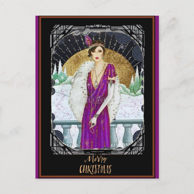 Weihnachten Vintag Art Deco Retro Lady Postkarte (Vorderseite)