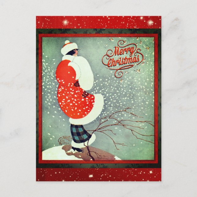 Weihnachten Vintag Art Deco Retro Lady Postkarte (Vorderseite)