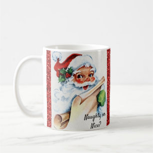 Weihnachten Vintag Santa Naughty Nice Roter Glitze Kaffeetasse