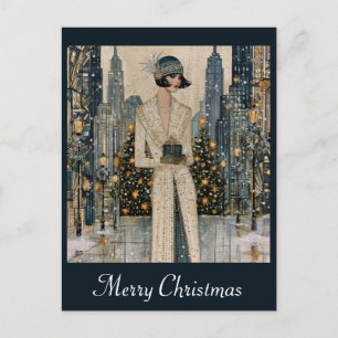 Weihnachten Vintage Art Deco Stadt Flapper Frau Postkarte