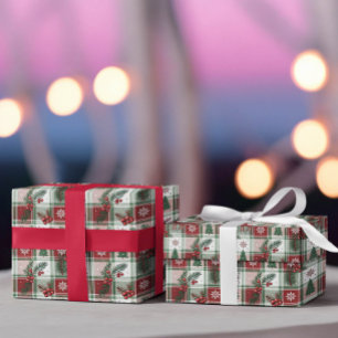 Weihnachten Vintage Karo-Holly- und Hirsch-Muster Geschenkpapier