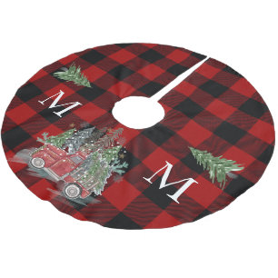 Weihnachten Vintage-LKW Buffalo Rot-Schwarz Karier Polyester Weihnachtsbaumdecke