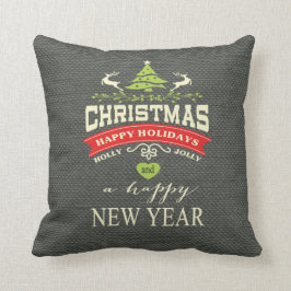 Weihnachten Vintager Hirsch Word Art Burlap| grau Kissen