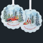 Weihnachten Vintager Red Truck Snowman Ornament Karte<br><div class="desc">Eine schöne warme und gemütliche Winterszene mit einem alten roten LKW voller Geschenke und einem Weihnachtsbaum,  der Ihnen frohe Weihnachtswünsche bringt. Auf der Rückseite schickt eine Schneemannsfamilie die Grüße an Ihre Freunde.</div>