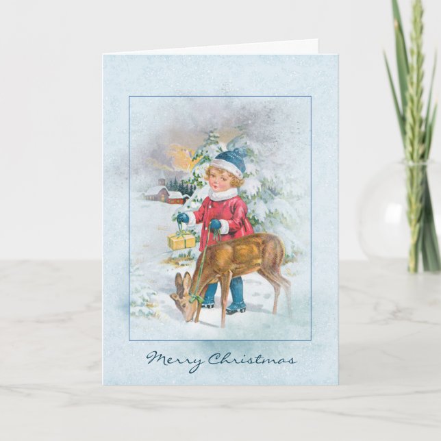 Weihnachten Vintages Kind und Hirsch im Schnee (Vorderseite)