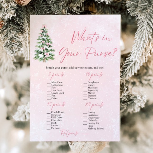 Weihnachten, was in deinem Purse Baby Duschspiel i Einladung (Pink Bows Christmas What's In Your Purse Baby Shower Game)