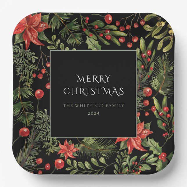 Weihnachten Wasserfarbe Blumengrün Familie Pappteller (Vorderseite)