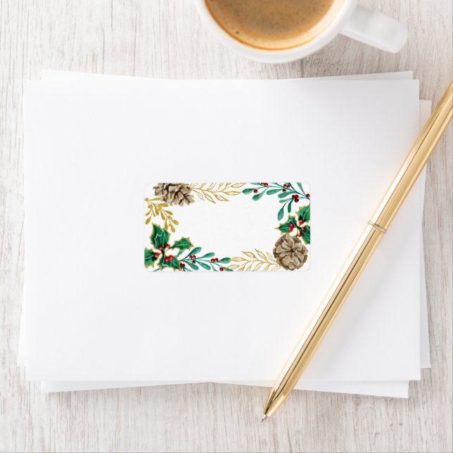 Weihnachten Wasserfarbe Gold Pine Holly Grüne Adressaufkleber (Insitu)