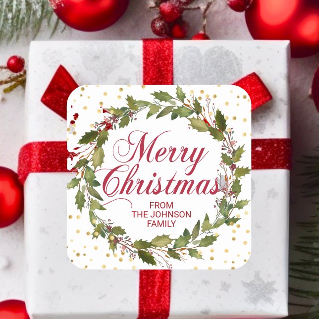 Weihnachten Wasserfarbe Holly Wreath Gold Red Whit Quadratischer Aufkleber (Christmas Watercolor Holly Wreath Gold Red White Square Sticker)
