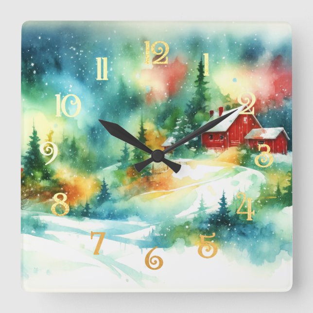 Weihnachten Wasserfarbe ländliche Winterlandschaft Quadratische Wanduhr (Vorderseite)