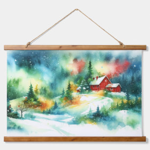 Weihnachten Wasserfarbe ländliche Winterlandschaft Wandteppich Mit Holzrahmen