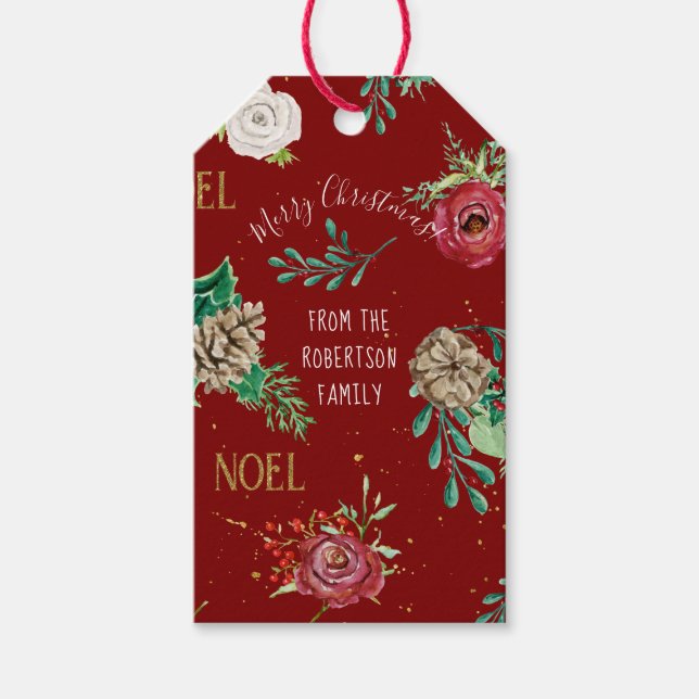 Weihnachten Wasserfarbe Rote Rose Blumengewächse Geschenkanhänger (Vorderseite)