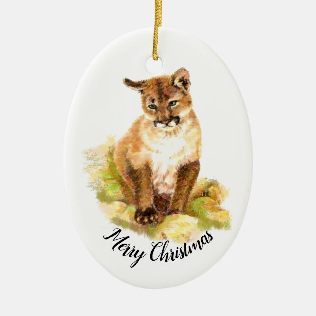 Weihnachten Wasserfarben Gemälde eines Cougar-Krüb Keramik Ornament (Vorne)
