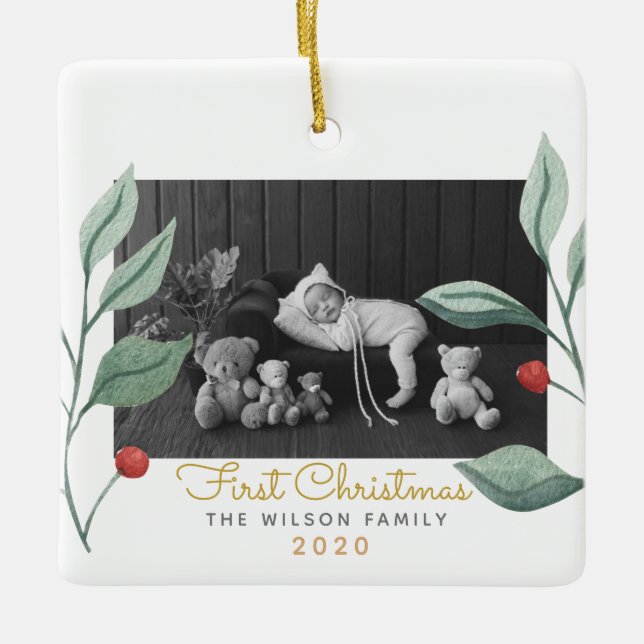 Weihnachten Wasserfarben Grün & Berry Keramikornament (Vorderseite)