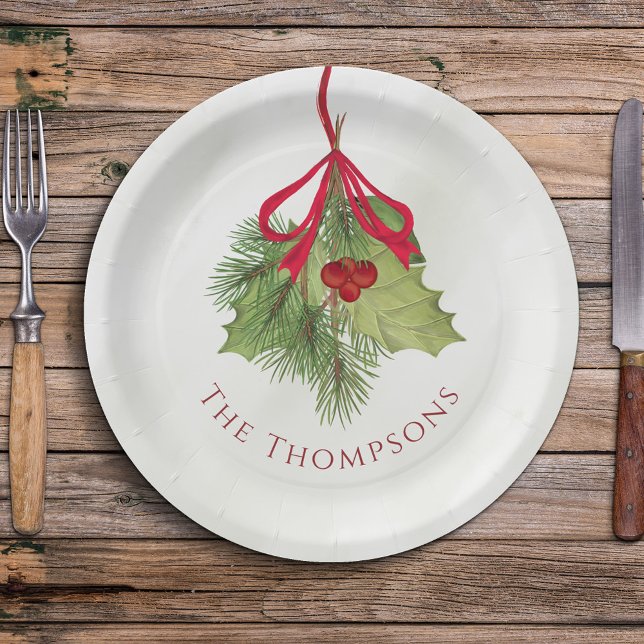 Weihnachten Wasserfarben Grün Holiday Holly Berry Pappteller (Christmas watercolor greenery holly berries custom paper plate. )