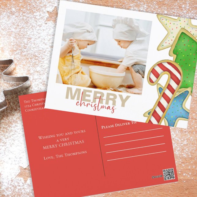 Weihnachten Wasserfarbene Niedliche Cookies 1 Foto (Merry Christmas holiday photo postcard with whimsical colorful Christmas cookies. )