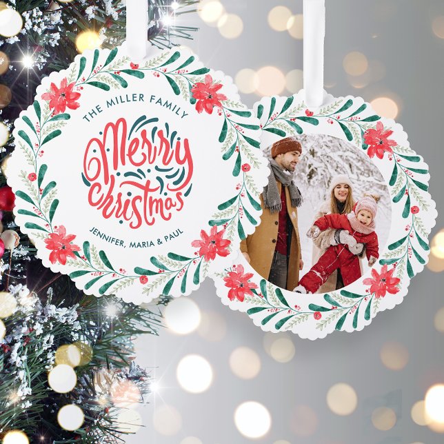 Weihnachten Wasserfarbengrün Blumenreath Foto Ornament Karte (Von Creator hochgeladen)
