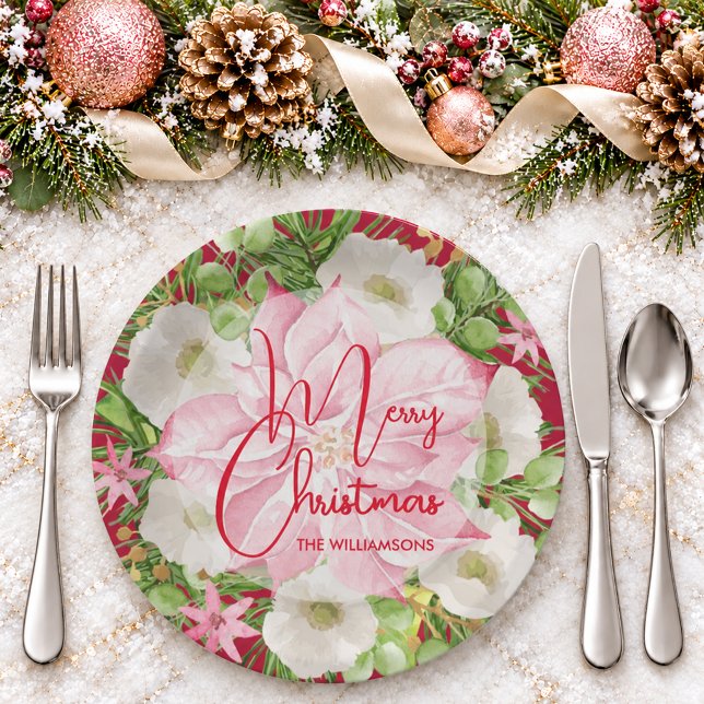 Weihnachten Watercolor Floral  Pappteller (Pink poinsettia, winter flowers, Merry Christmas script, your name on 9" or 7" square paper plates )