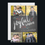 Weihnachten Weihnachten auf Joyful Wishs Weihnacht<br><div class="desc">Joyful wünscht White Script und Sketched Watercolor Berries auf Black Chalkboard 4 Foto Holiday Card . Design by Elke Clarke © Passen Sie die Collage des Fotos mit Ihren Fotos und Namen an</div>