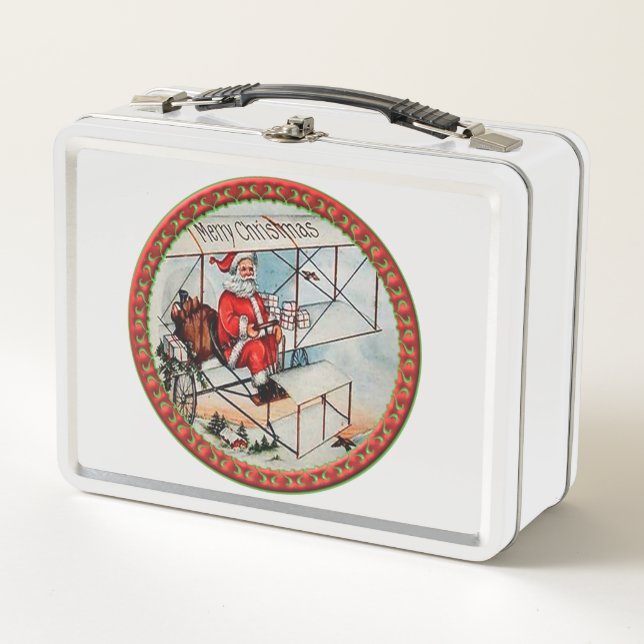 Weihnachten Weihnachten fliegt altes Flugzeug Metall Lunch Box (Vorderseite)