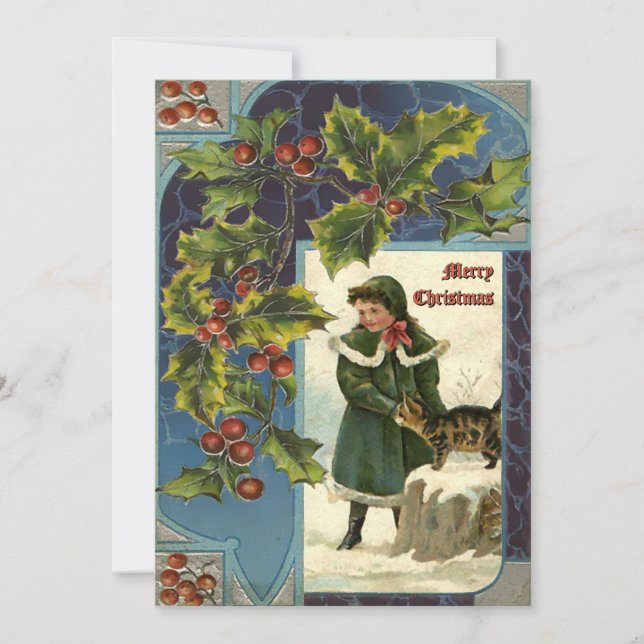Weihnachten Weihnachten Holly & Mädchen mit Katze (Vorderseite)
