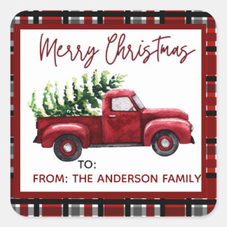Weihnachten Weihnachten Red Truck Gift Tags Quadratischer Aufkleber