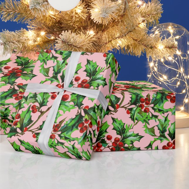 Weihnachten Weihnachten Rot Berries Pink Geschenkpapier (Feiertage)