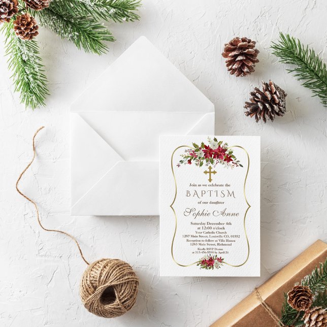 Weihnachten Weihnachten Rote weiße Poinsettia Tauf Einladung (Von Creator hochgeladen)