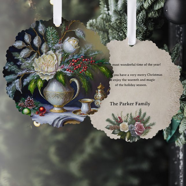 Weihnachten Weihnachten Stillleben mit Rose und Ur Ornament Karte (Von Creator hochgeladen)