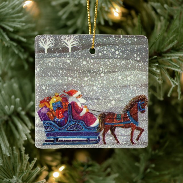 Weihnachten, Weihnachten, Weihnachtsmann, Pferd Op Keramikornament (Baum)