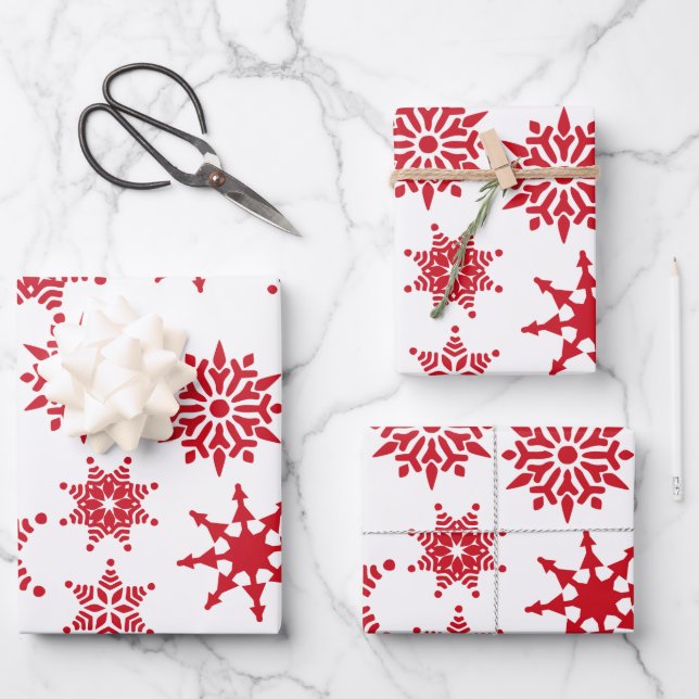 Weihnachten Weihnachten Weißer und Roter Schneeflo Geschenkpapier Set (Vorderseite)