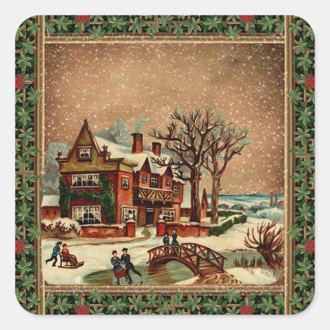Weihnachten Weihnachten Winter fröhlich Retro stil Quadratischer Aufkleber (Vorderseite)
