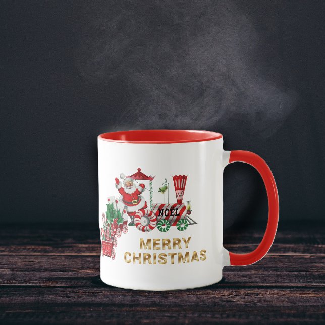 Weihnachten Weihnachts Candy Red Bahn mit Buchstab Tasse (Santa riding red white train with candy canes, letters to Santa on Merry Christmas coffee mug.)