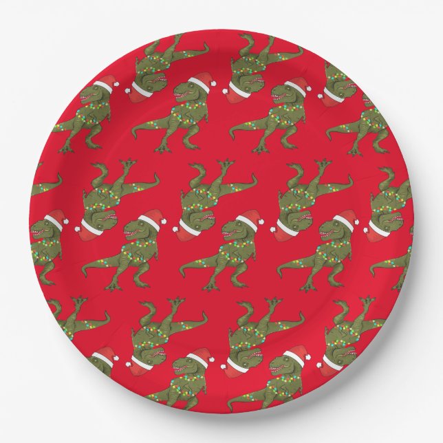 Weihnachten Weihnachtsfest T-Rex Santa Plate Pappteller (Vorderseite)