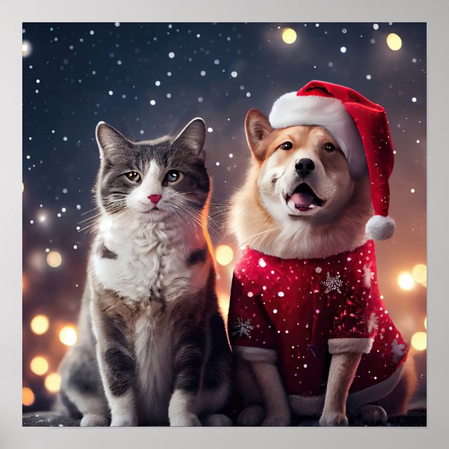 Weihnachten Weihnachtskat & Hunde Freunde Poster (Vorne)