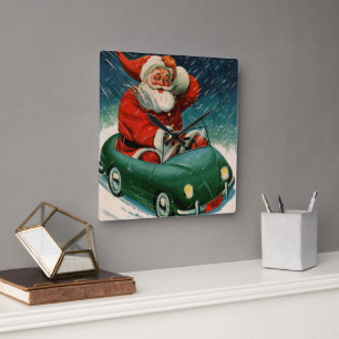 Weihnachten, Weihnachtsmann im Niedlichen Auto Quadratische Wanduhr