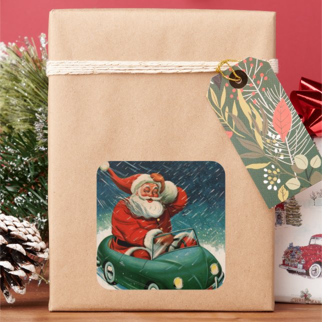 Weihnachten, Weihnachtsmann im Niedlichen Auto Quadratischer Aufkleber (Feiertag)