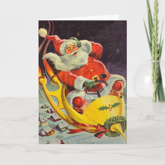 Weihnachten, Weihnachtsmann in einem Raumschiff Feiertagskarte (Vorderseite)